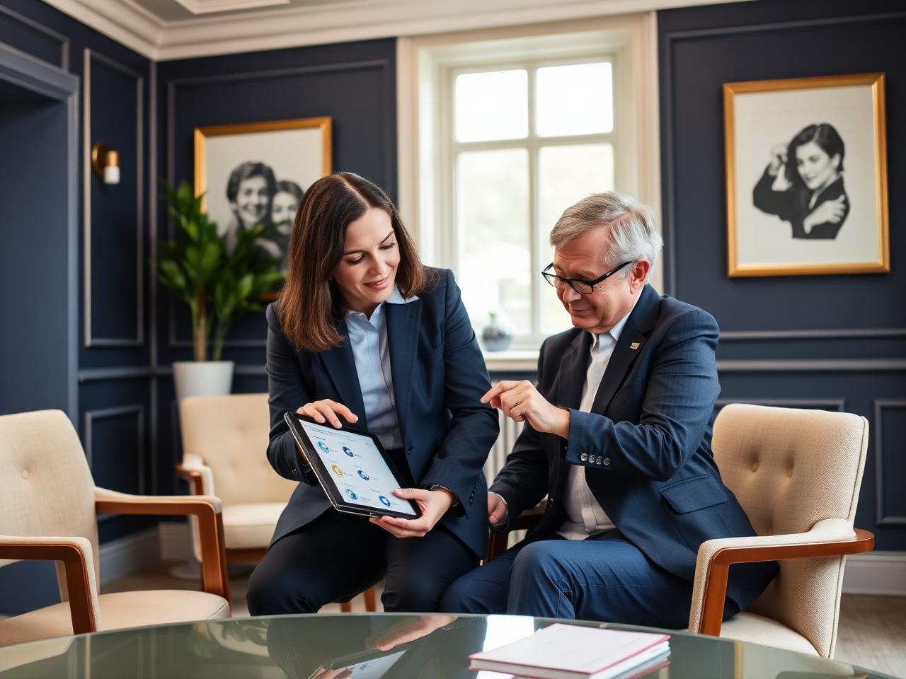 Estate planning adviser guiding a client through the process in a meeting room