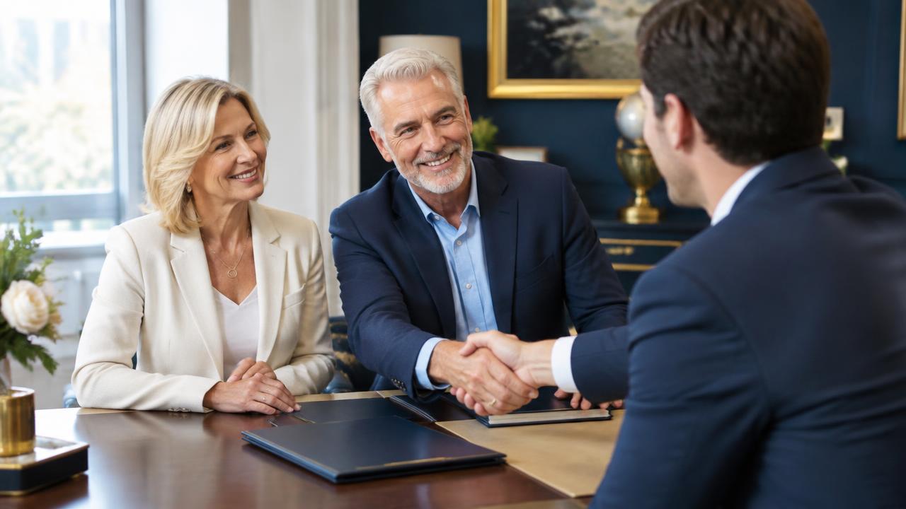 Couple shaking hands with an estate planning adviser in a consultation