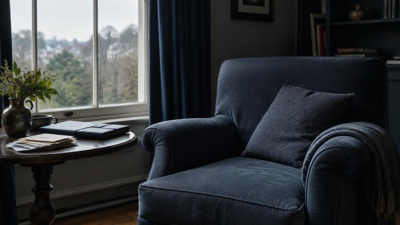 Empty armchair beside unopened letters in a quiet home