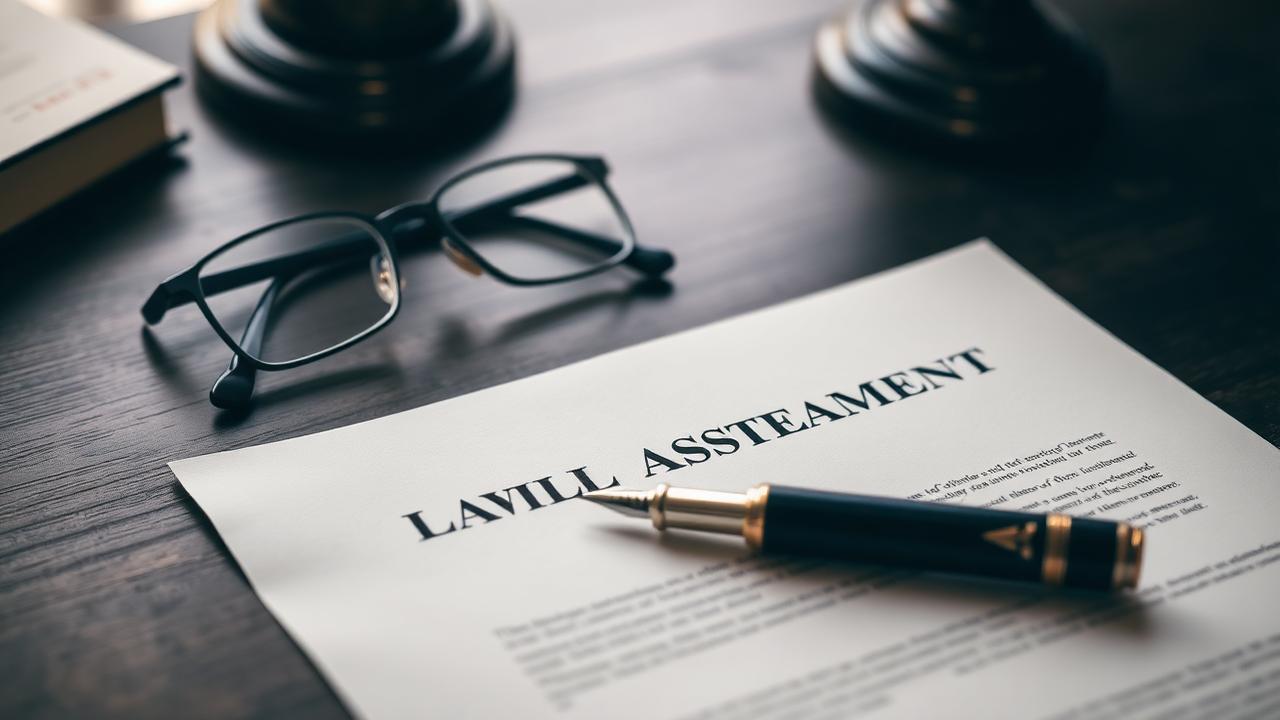 Last will and testament document with a fountain pen and reading glasses