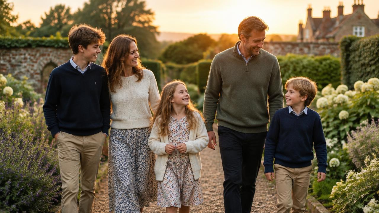Blended family walking together through an English garden
