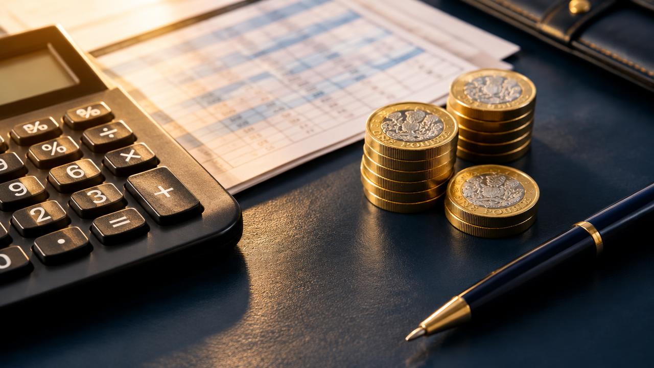 Calculator, fee papers and pound coins on a navy desk