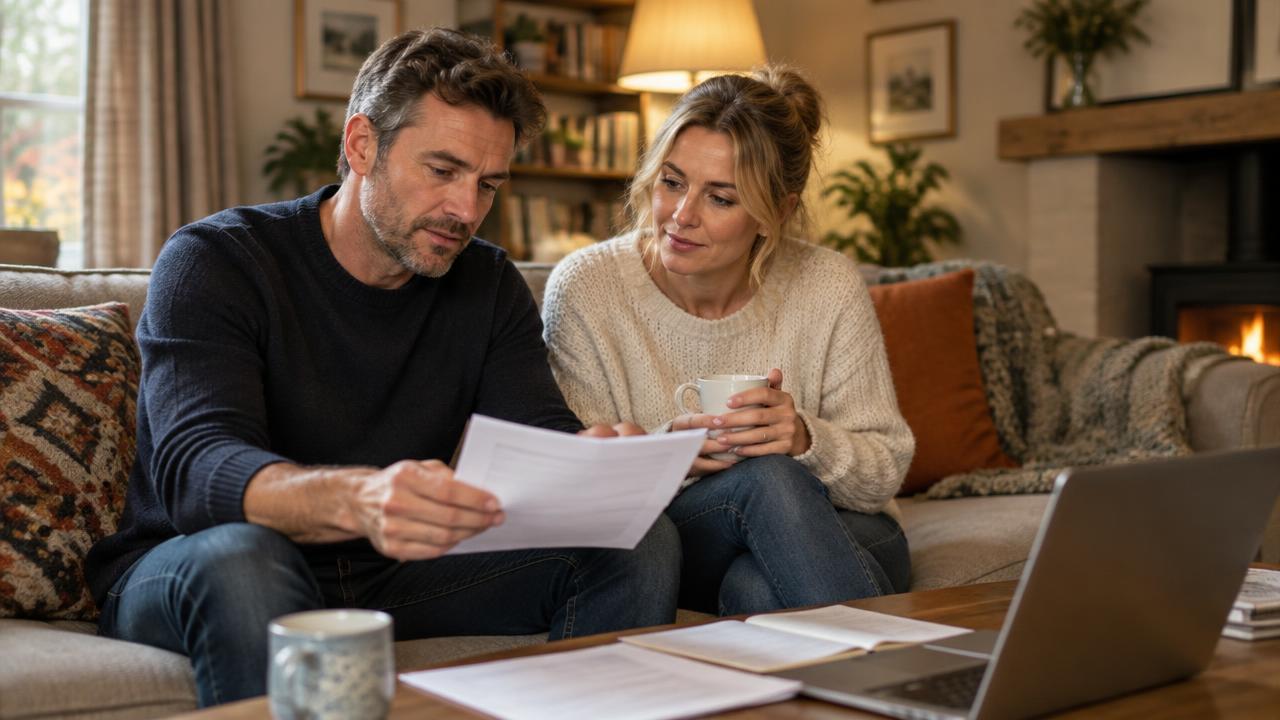 Unmarried couple reviewing estate planning documents at home