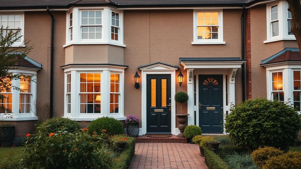 British family home exterior at golden hour