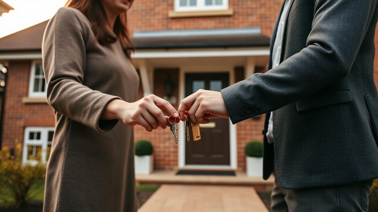 Parent handing house keys to an adult child outside a British family home