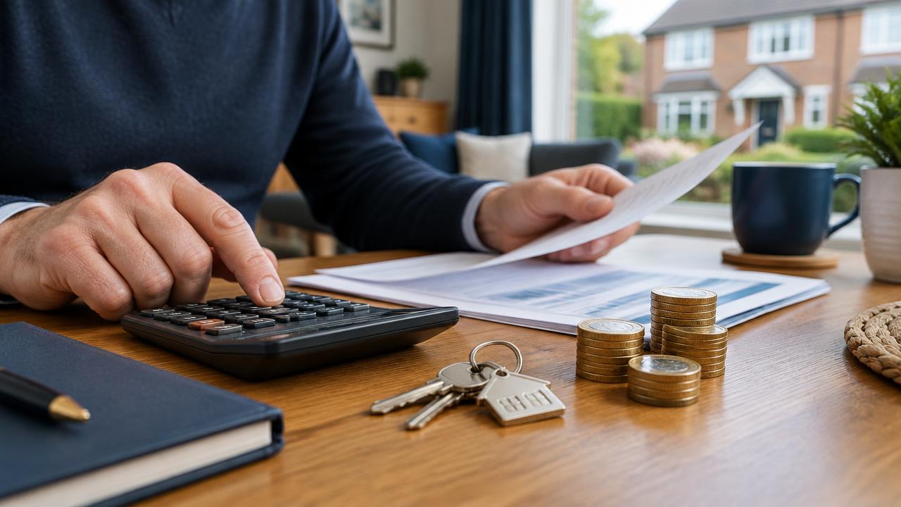 Calculator, pound coins and house keys beside estate paperwork