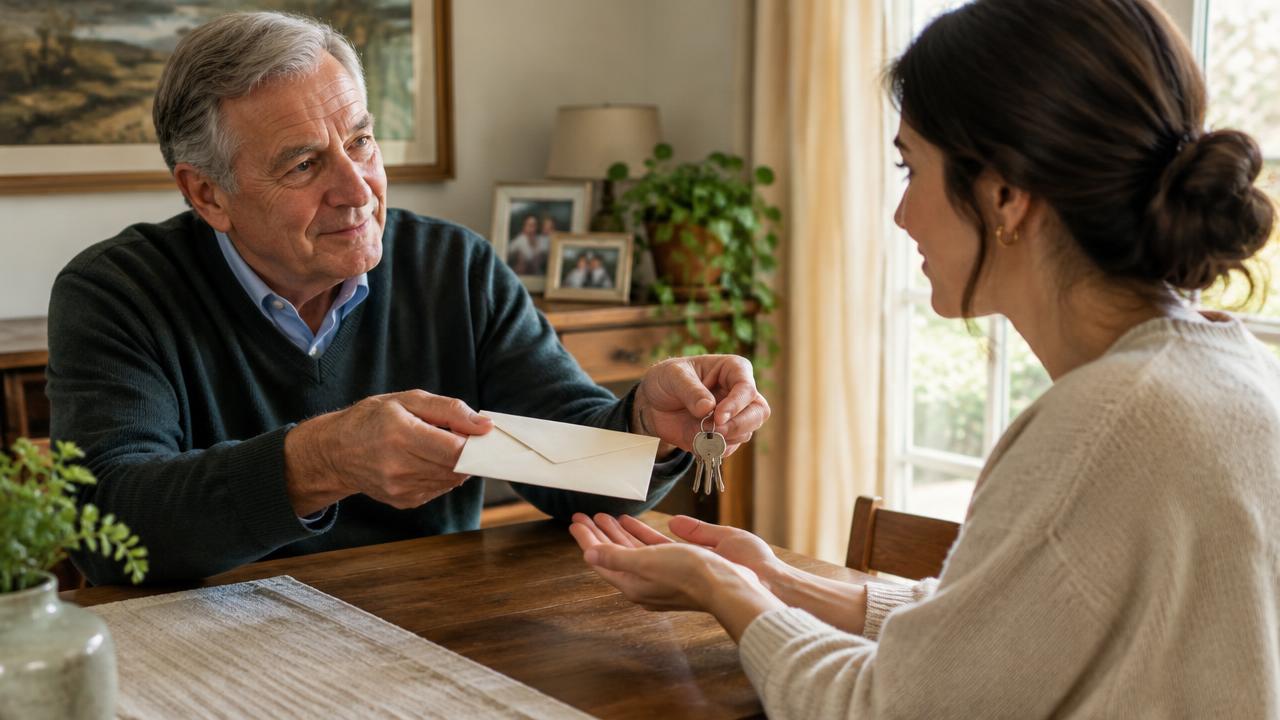 Father handing a sealed envelope and keys to his adult daughter