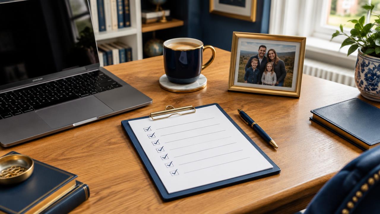 Estate planning checklist on a clipboard beside a family photo