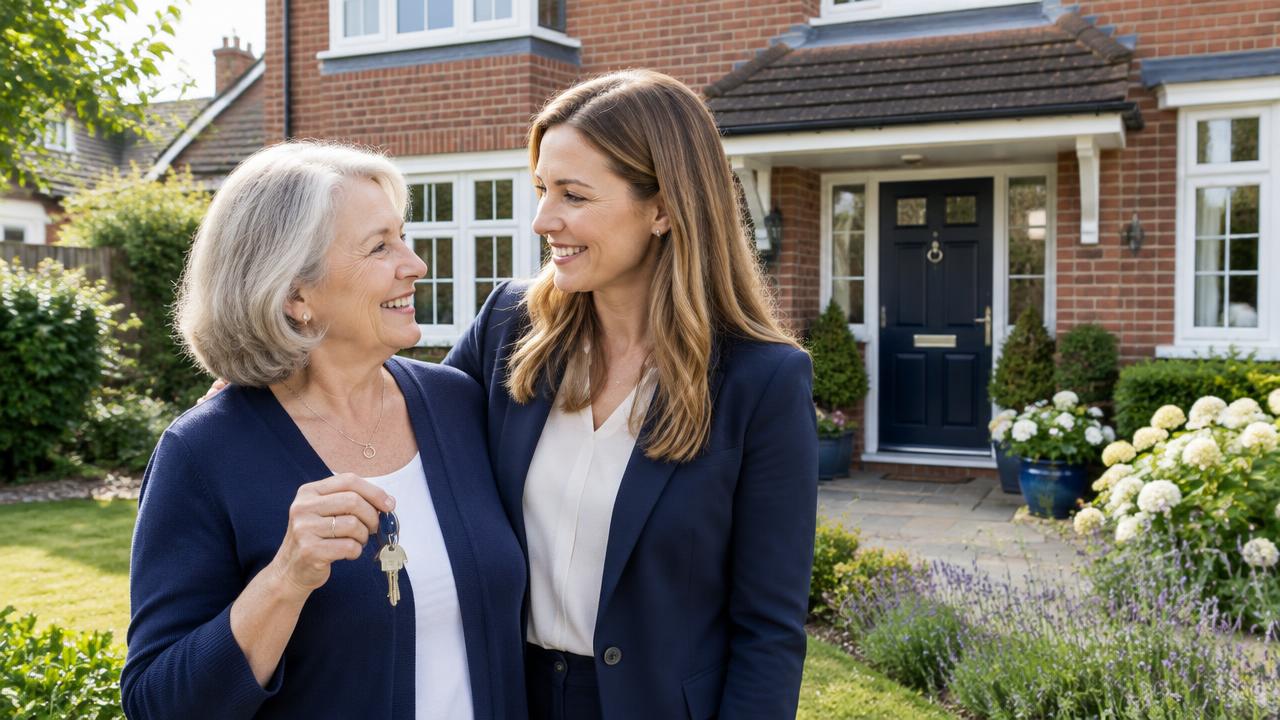 Mother and adult daughter outside their English family home