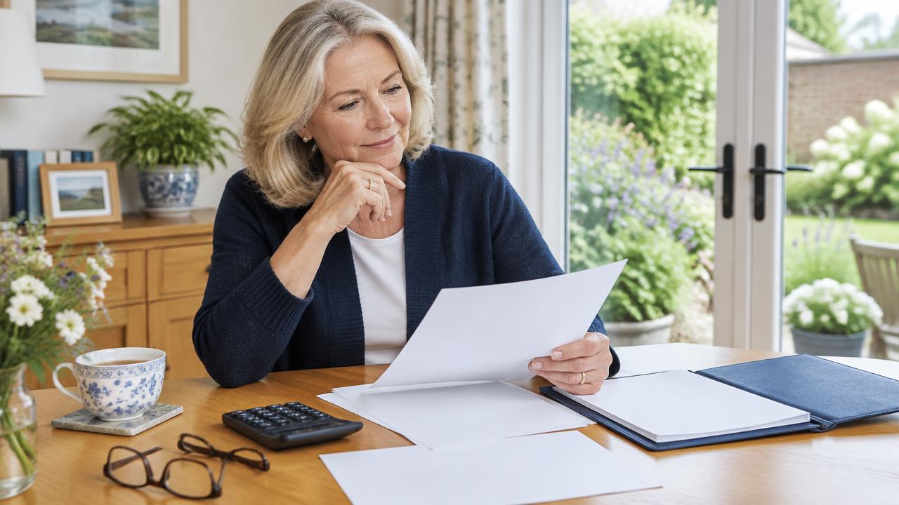Woman reviewing pension documents and retirement finances