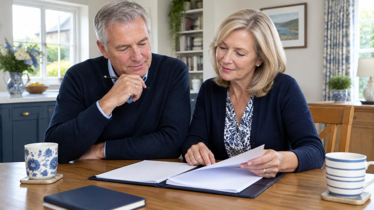 Married couple reviewing inheritance planning documents at home