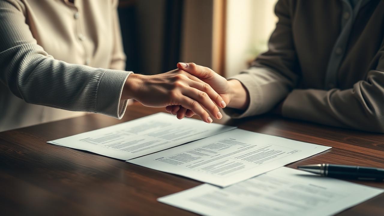 Adult daughter holding an elderly parent's hand beside legal documents