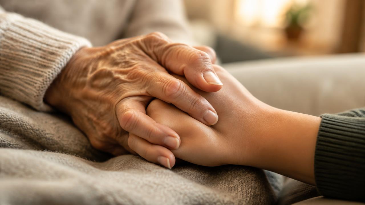 Grandparent gently holding a young adult's hand