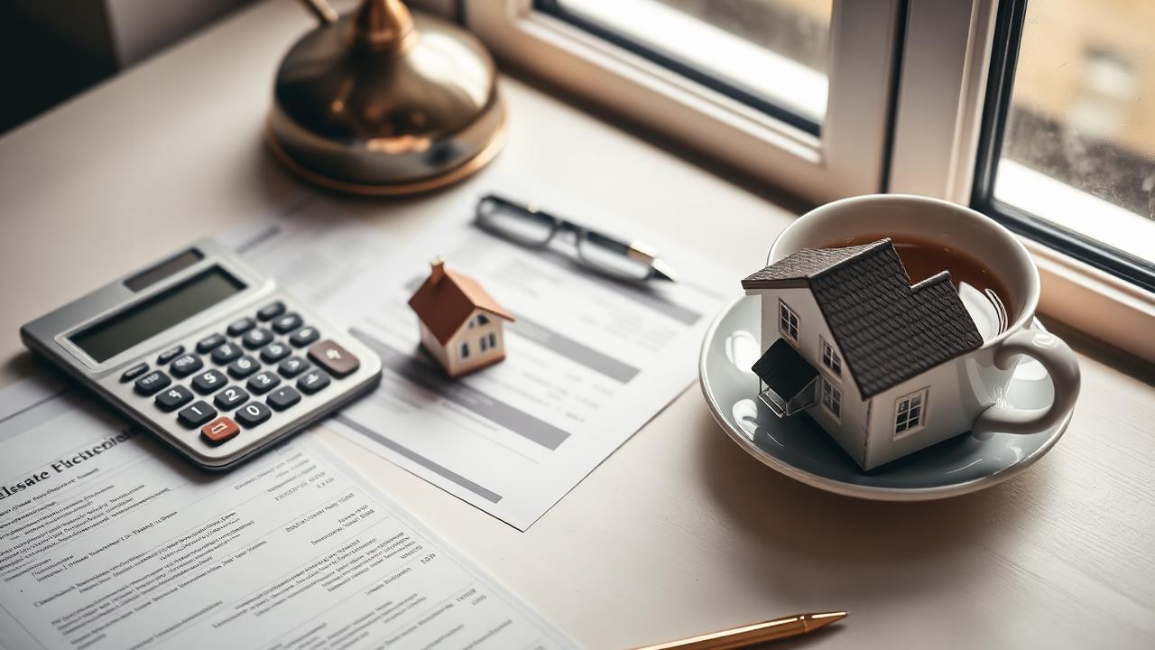 Calculator, financial statements and a model house on a desk