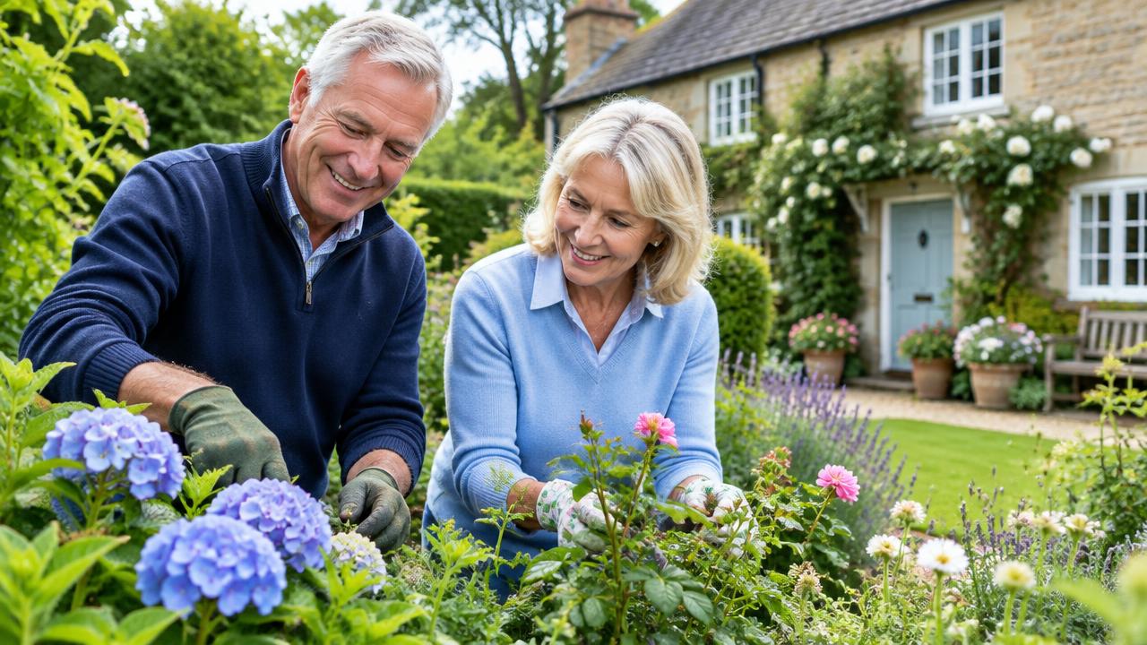 Retired couple tending the garden of their family home