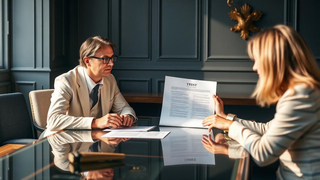 Adviser explaining a trust document to clients across a meeting table