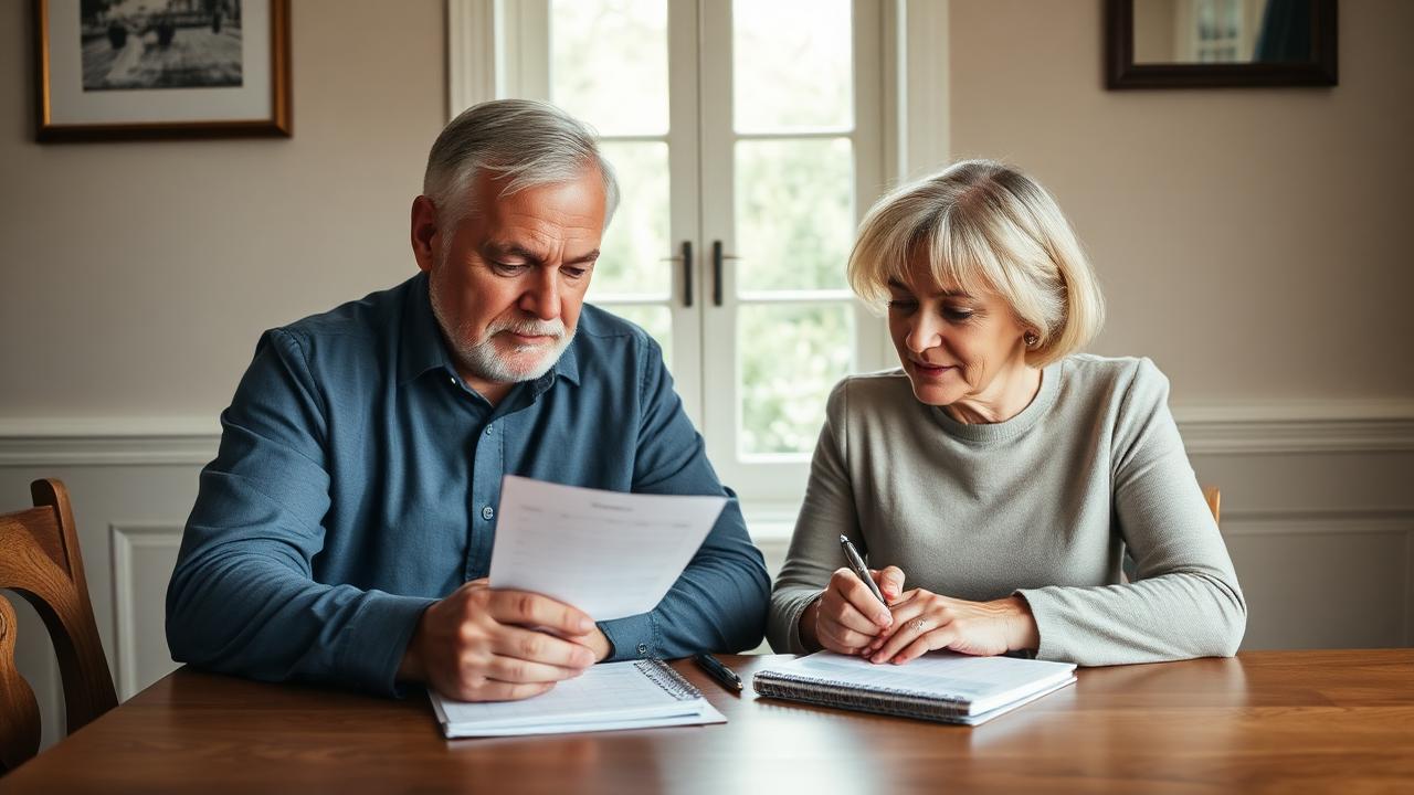 Mature couple reviewing gifting paperwork at their dining table