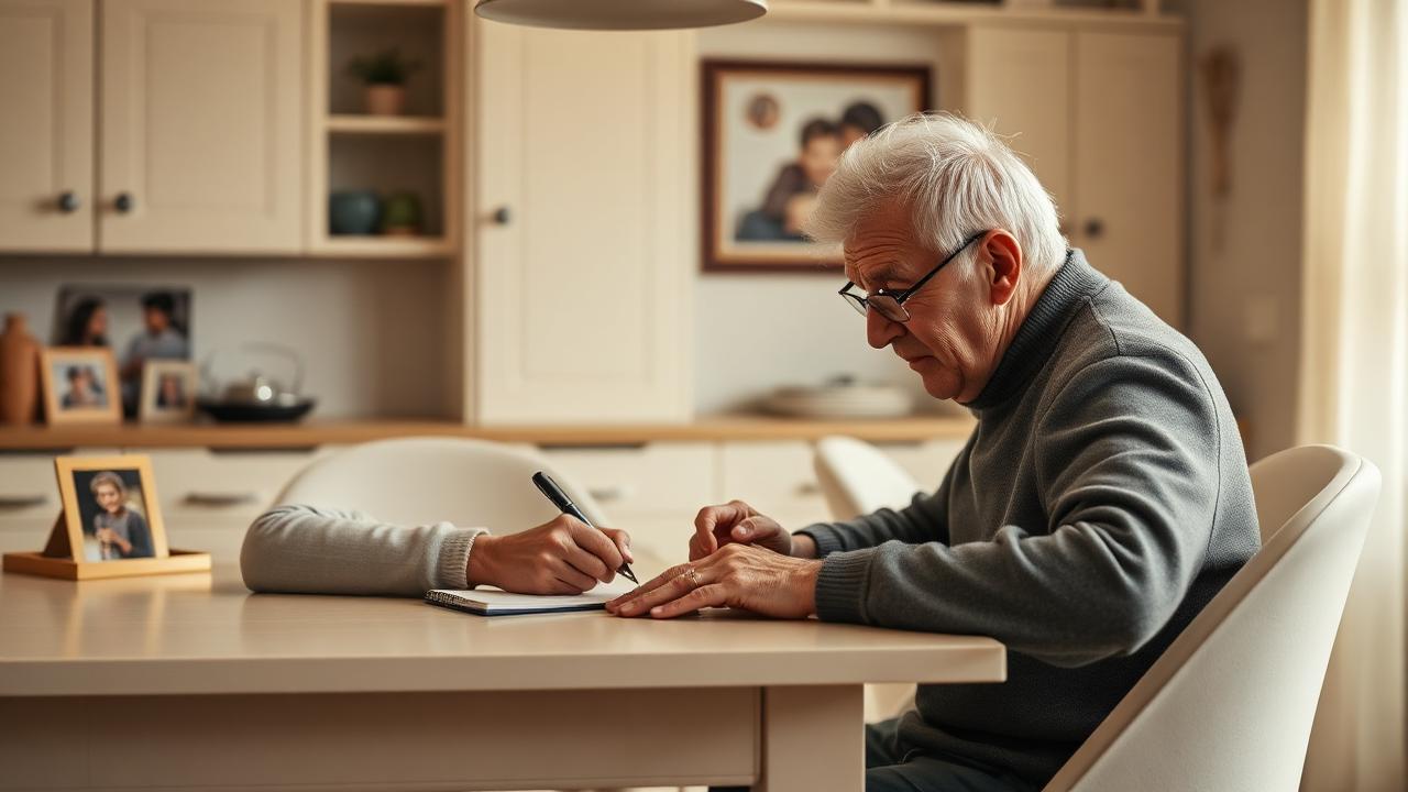 Grandparent writing a cheque at a kitchen table with family photographs