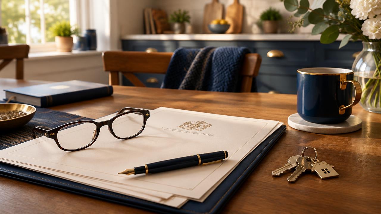 Will documents, glasses, fountain pen and house keys on a family kitchen table