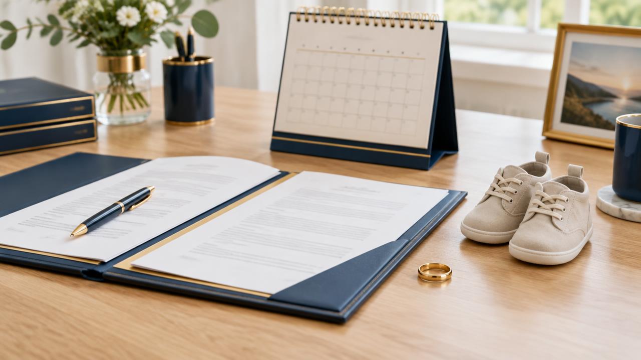 Legal documents, calendar, wedding ring and baby shoes on a desk