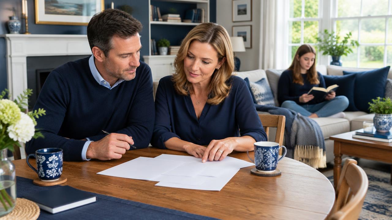 Parents reviewing planning documents in their family home